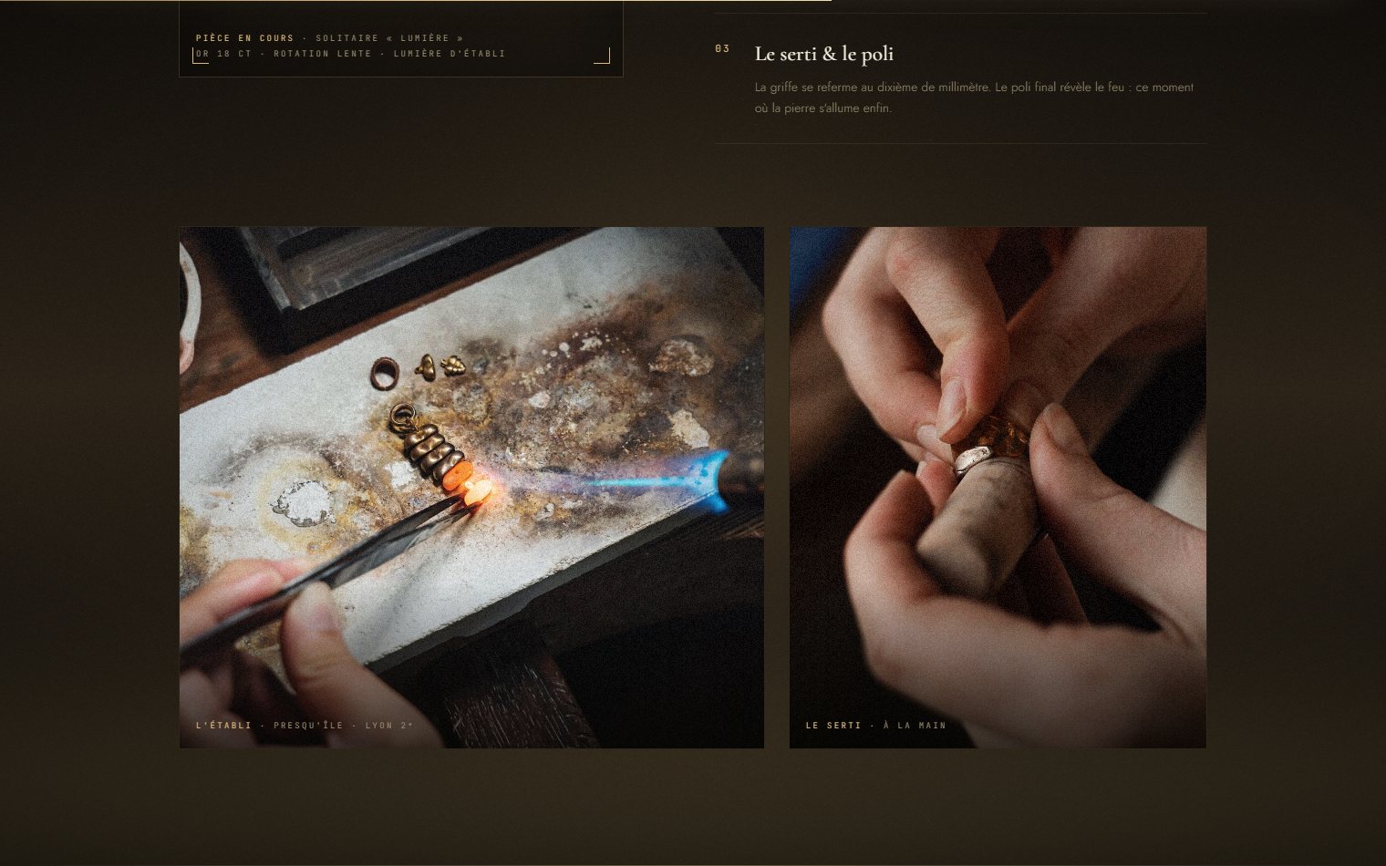 Démo AURUM : bague en or et diamant suspendue dans une lumière brune