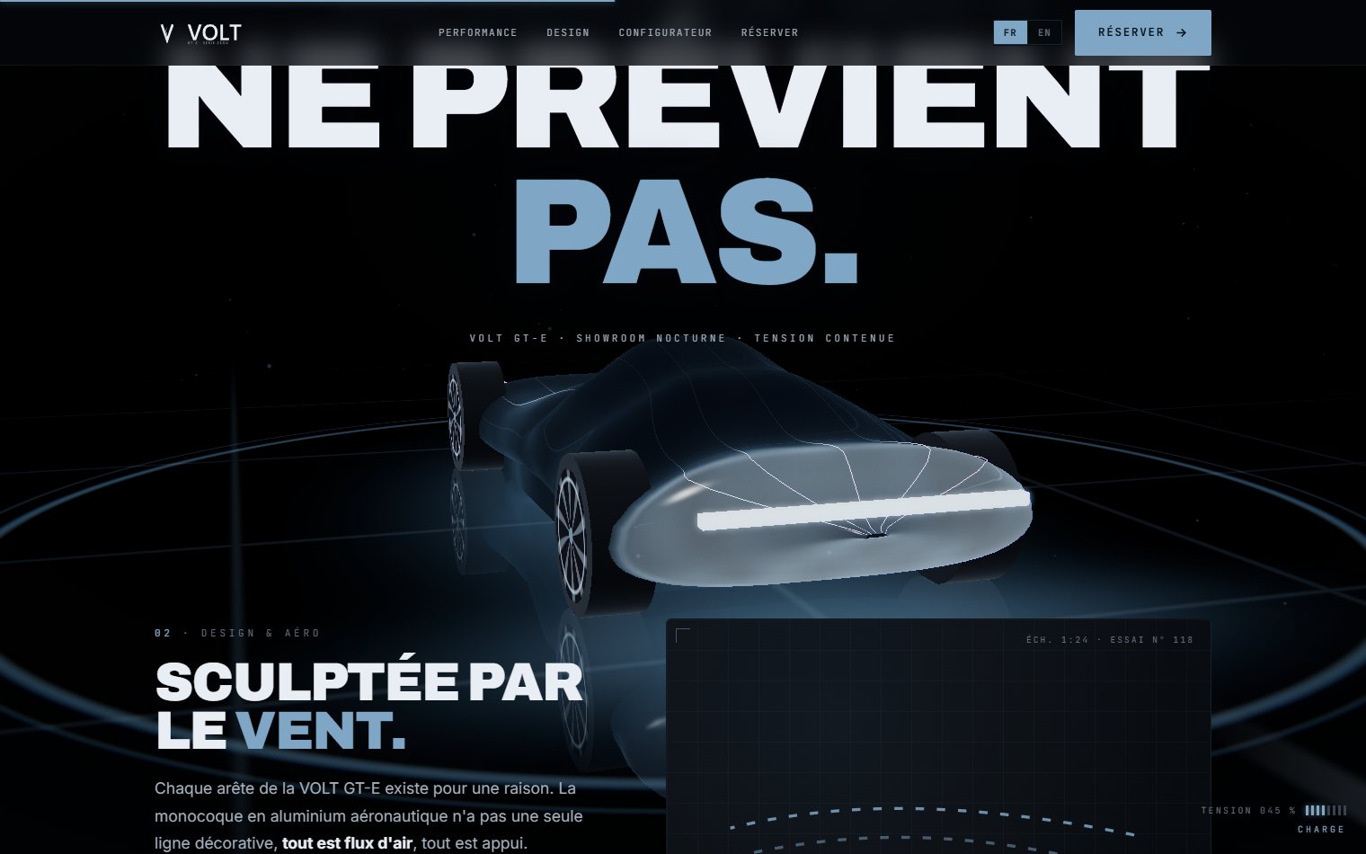 Démo VOLT : hypercar électrique sous des lignes de télémétrie bleues